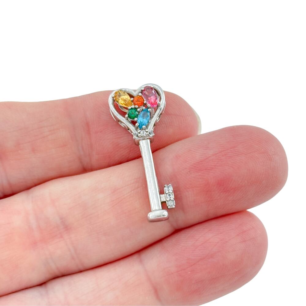 Vintage Sterling Silver 925 Multicolor Topaz Heart Key Pendant